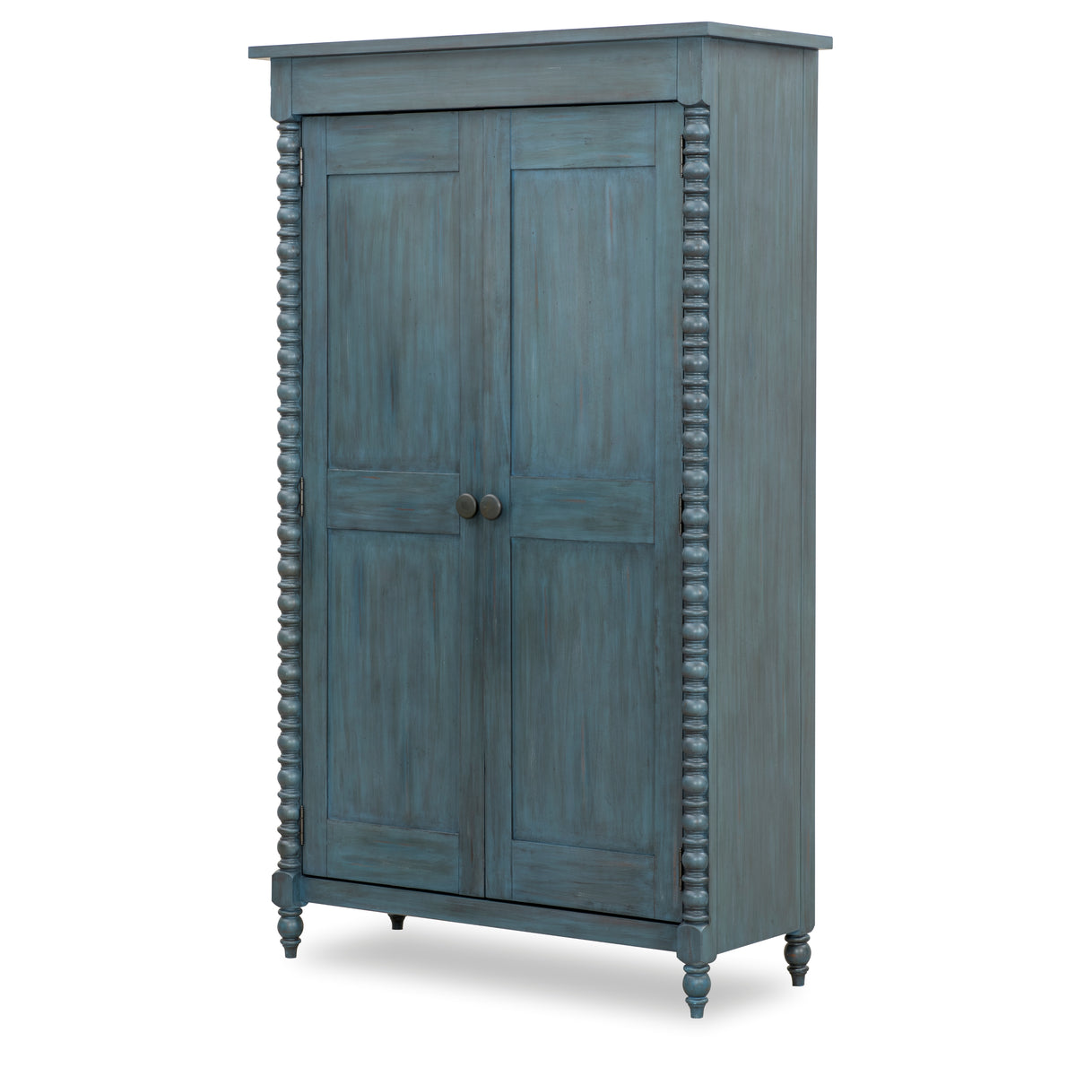 Blue armoire cabinet with two paneled doors, decorative beaded sides, turned legs
