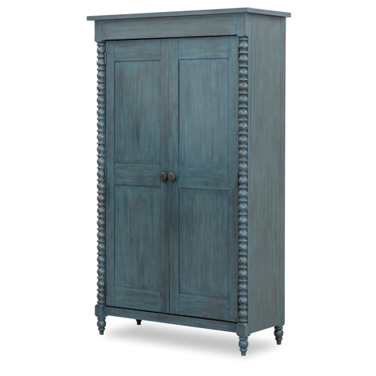 Blue armoire cabinet with two paneled doors, decorative beaded sides, turned legs