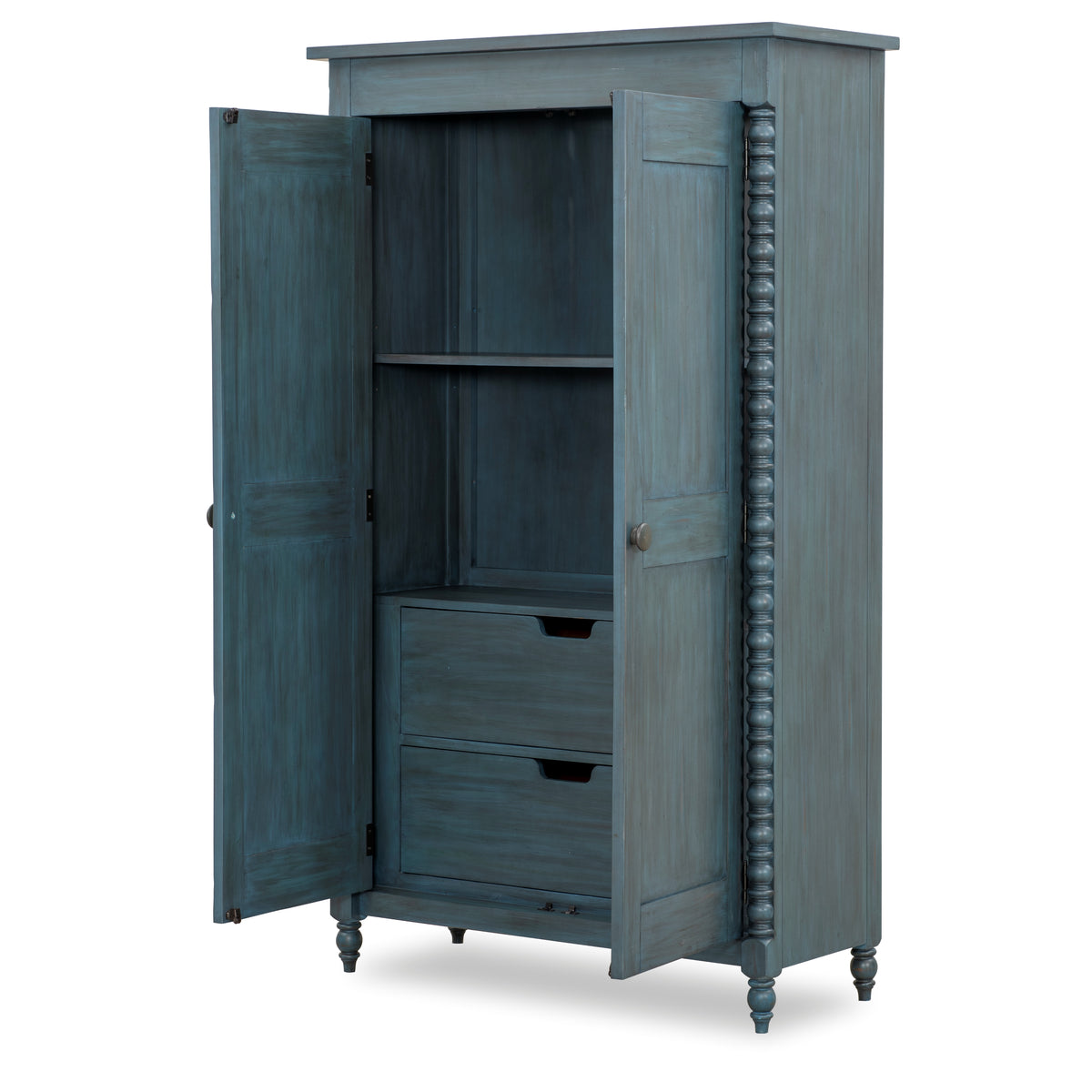 Blue armoire with open double doors showing shelves and two drawers, turned feet