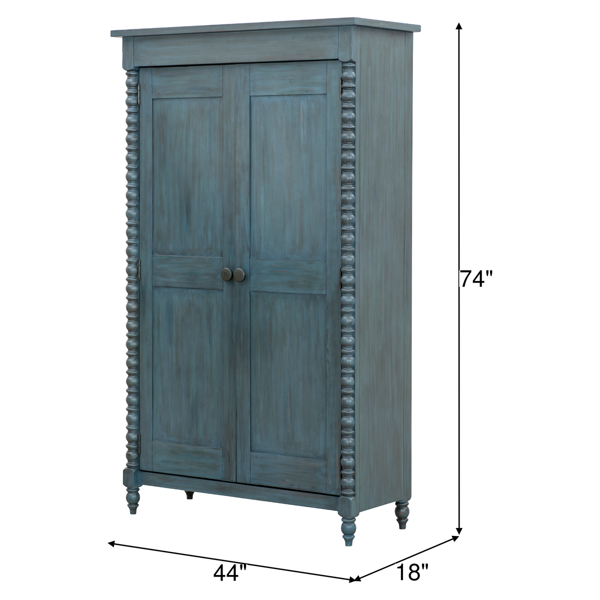Blue armoire with double doors, 74 in tall, 44 in wide, 18 in deep
