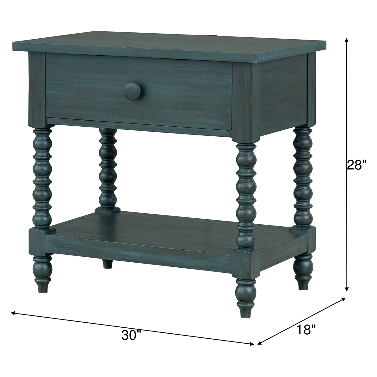 Teal nightstand with one drawer, open shelf; 28" high, 30" x 18" footprint.
