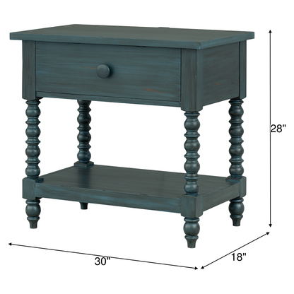 Teal nightstand with one drawer, open shelf; 28" high, 30" x 18" footprint.