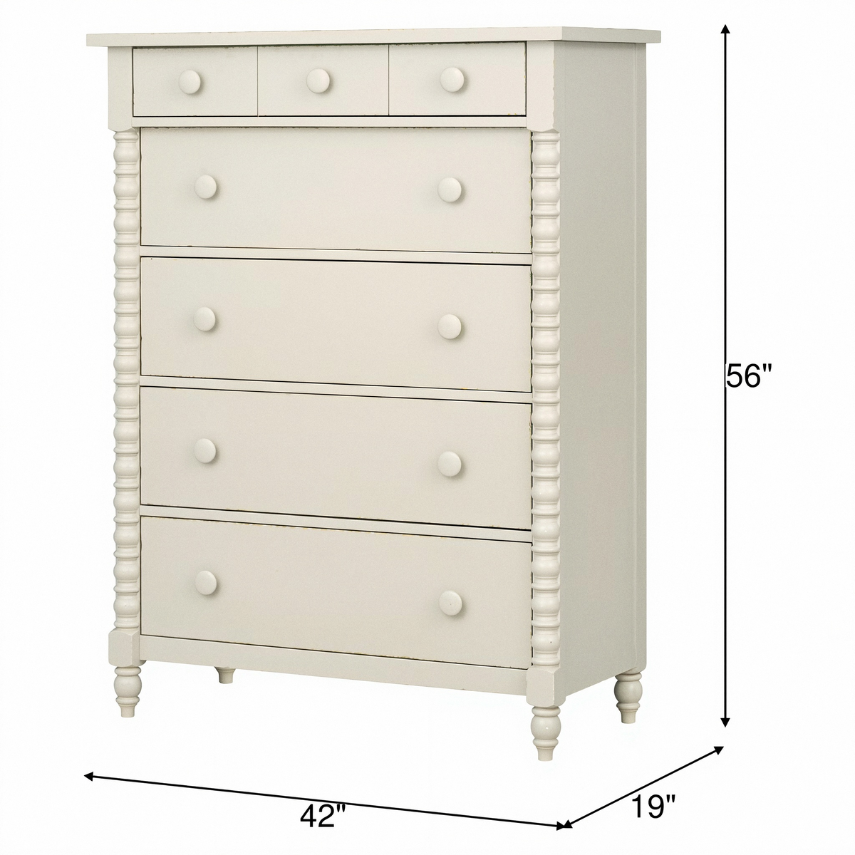 Off-white tall chest of drawers with five drawers and round knobs, turned feet