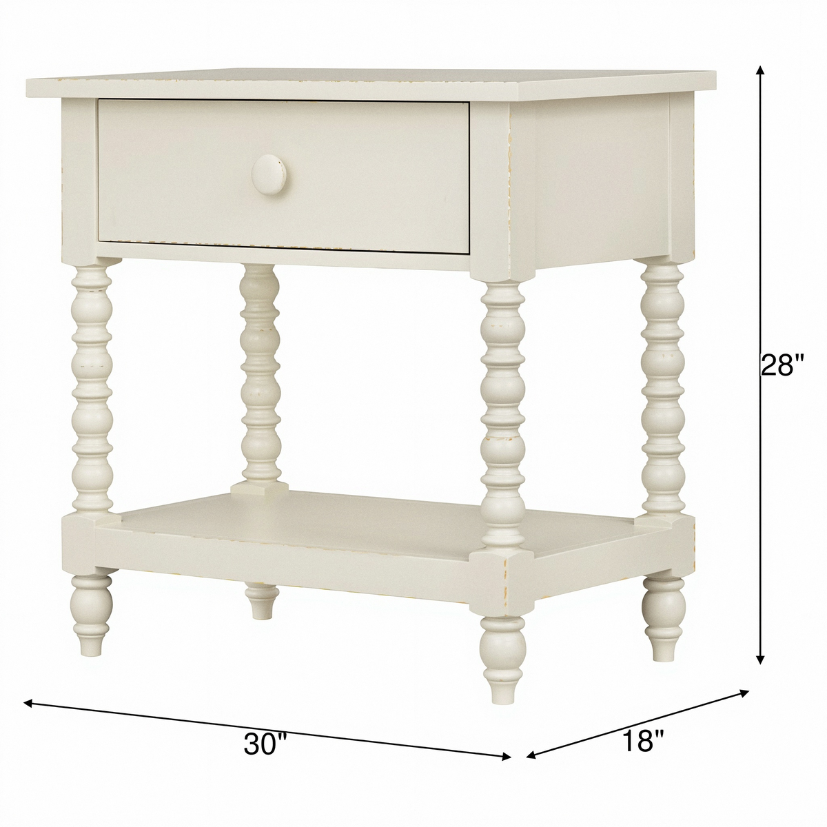 Light nightstand with one drawer, open shelf; 28" high, 30" x 18" footprint.