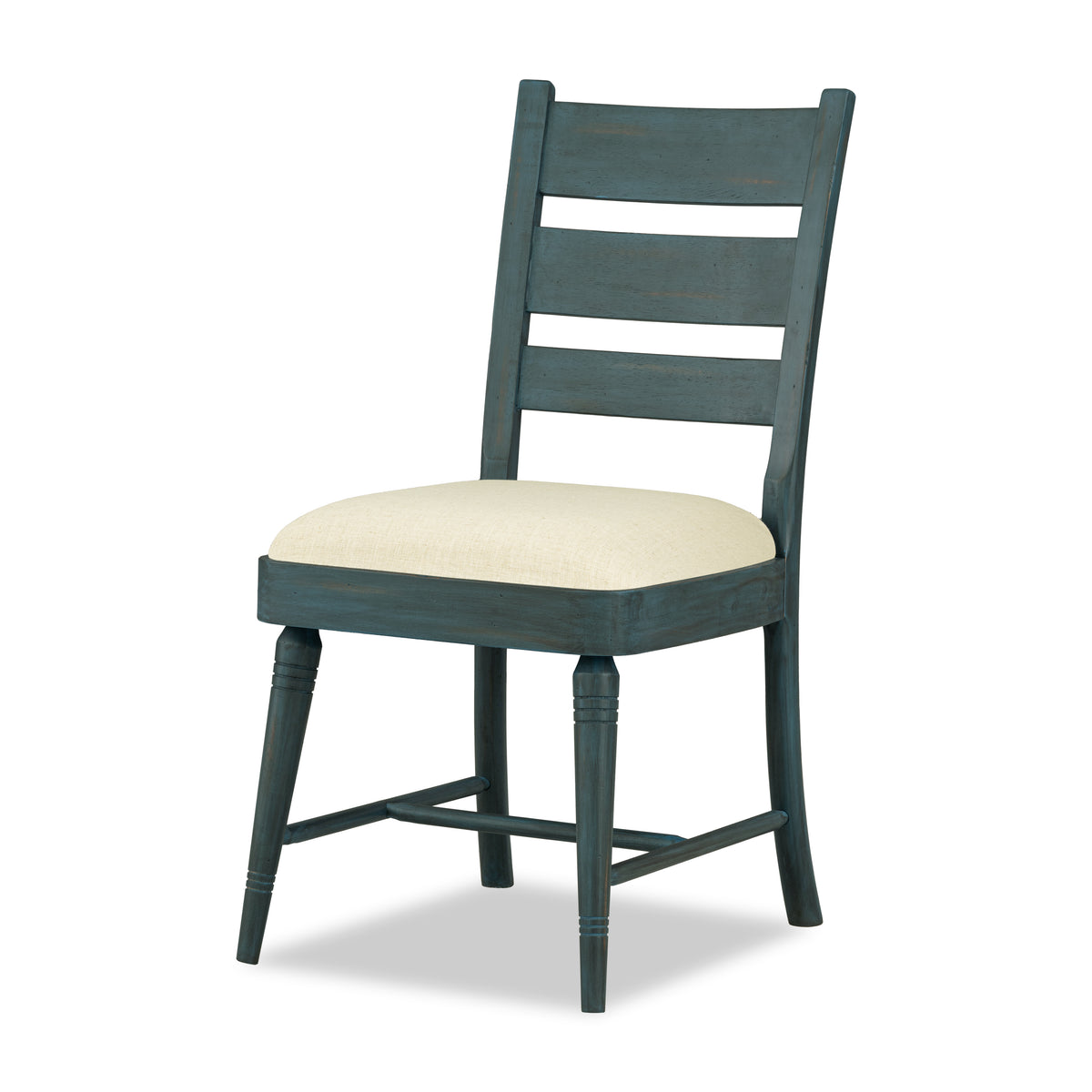 Sea glass ladder-back side chair with round cream upholstered seat cushion.