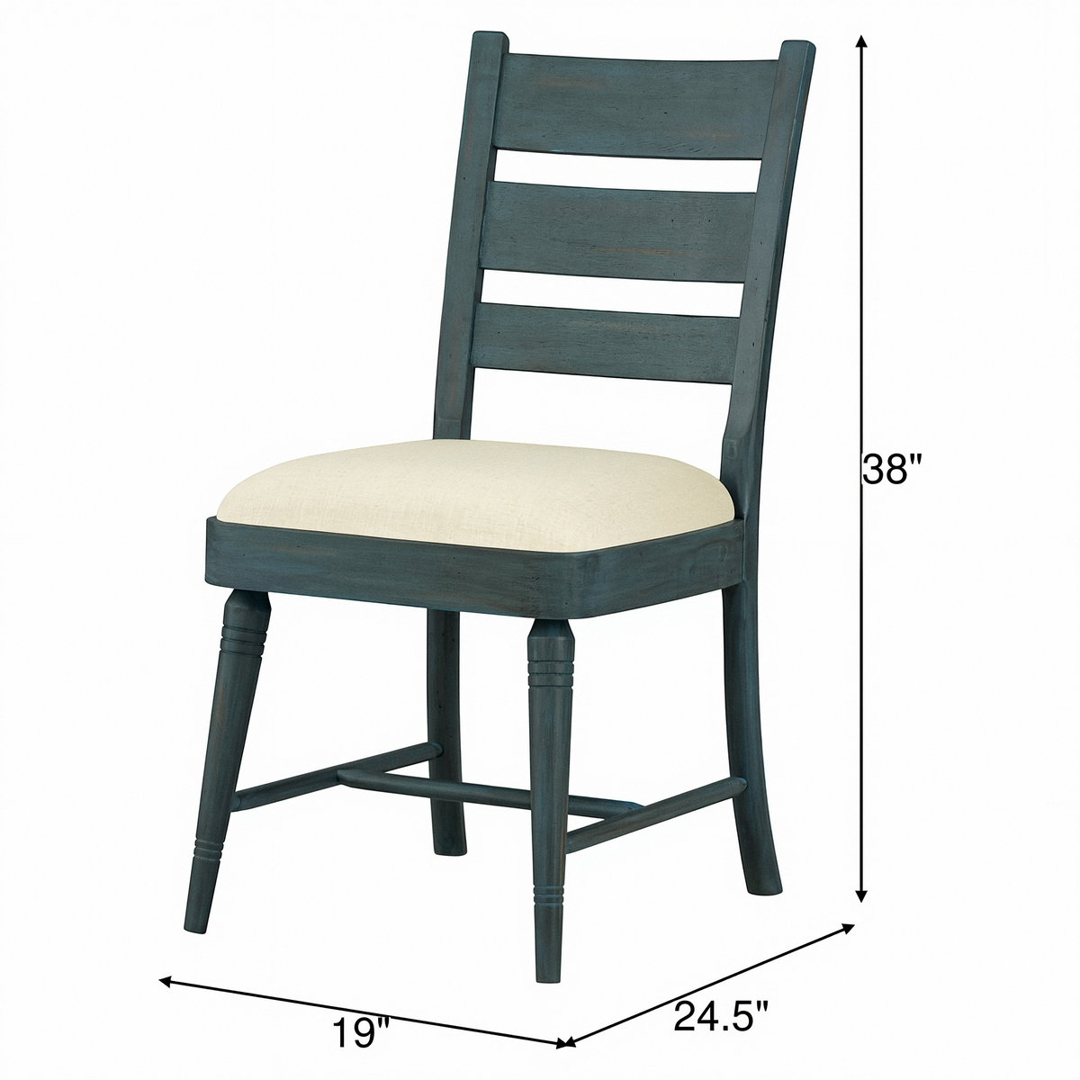 Sea glass ladder-back side chair with cream upholstered seat and lower cross-brace.