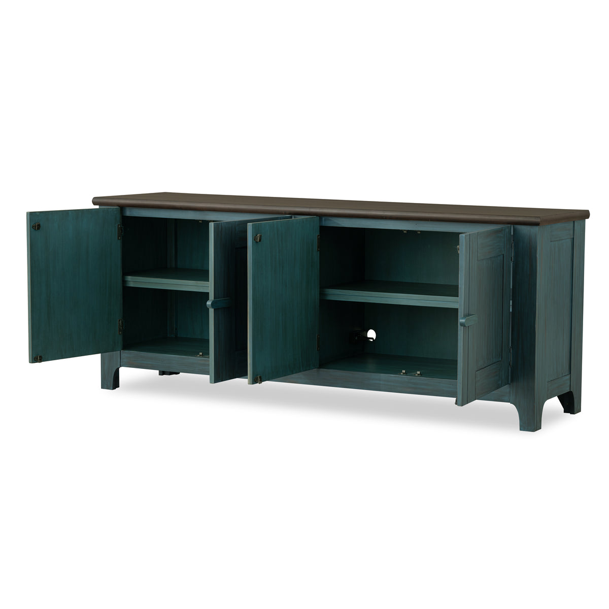 Sea-glass wood console cabinet with two open doors and interior shelves