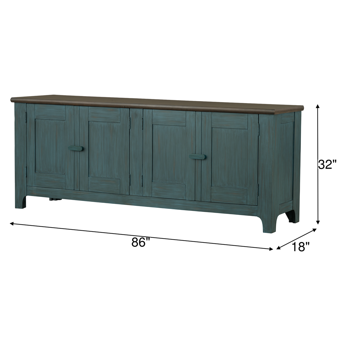 Sea-glass console cabinet, 86"W x 32"H x 18"D, paneled doors and dark top