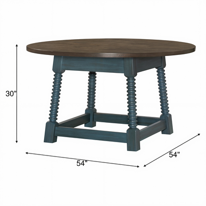 Round pedestal table with dark wood top and blue base, 30 in high, 54 in wide