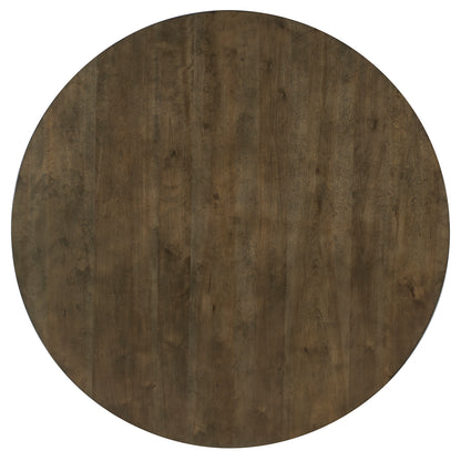 Round wooden pedestal table top, dark brown woodgrain circle