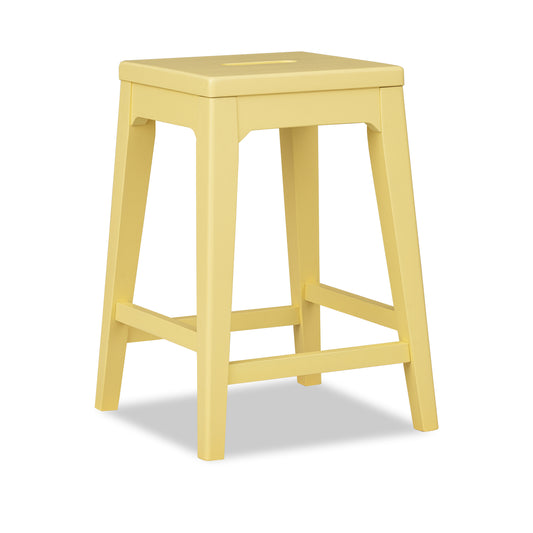 Backless counter stool with light yellow finish, solid legs, and built-in footrest