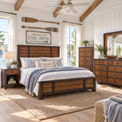 Panel bed with dark wood headboard, white mattress, and low paneled footboard