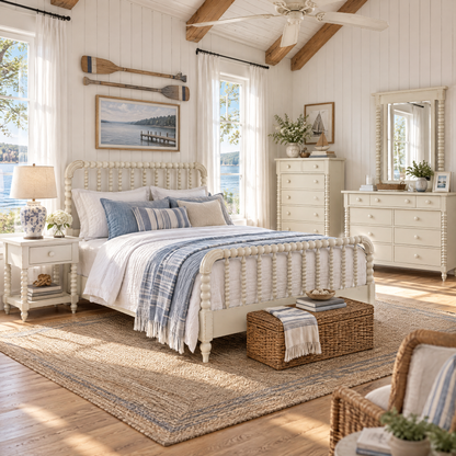 Lakehouse panel bed in cream, with rounded post corners and beadboard headboard and rails.