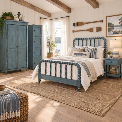 Lakehouse panel bed in dark teal with tall spindle headboard and arched top rail.