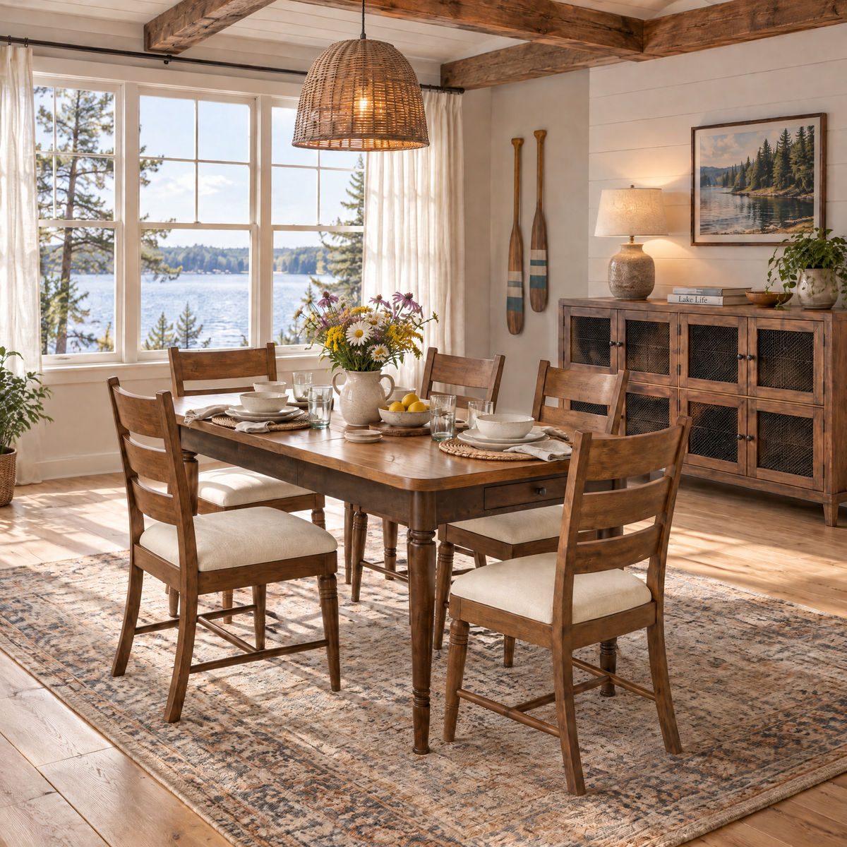 Wooden leg dining table with leaf extension, turned legs, rectangular top.