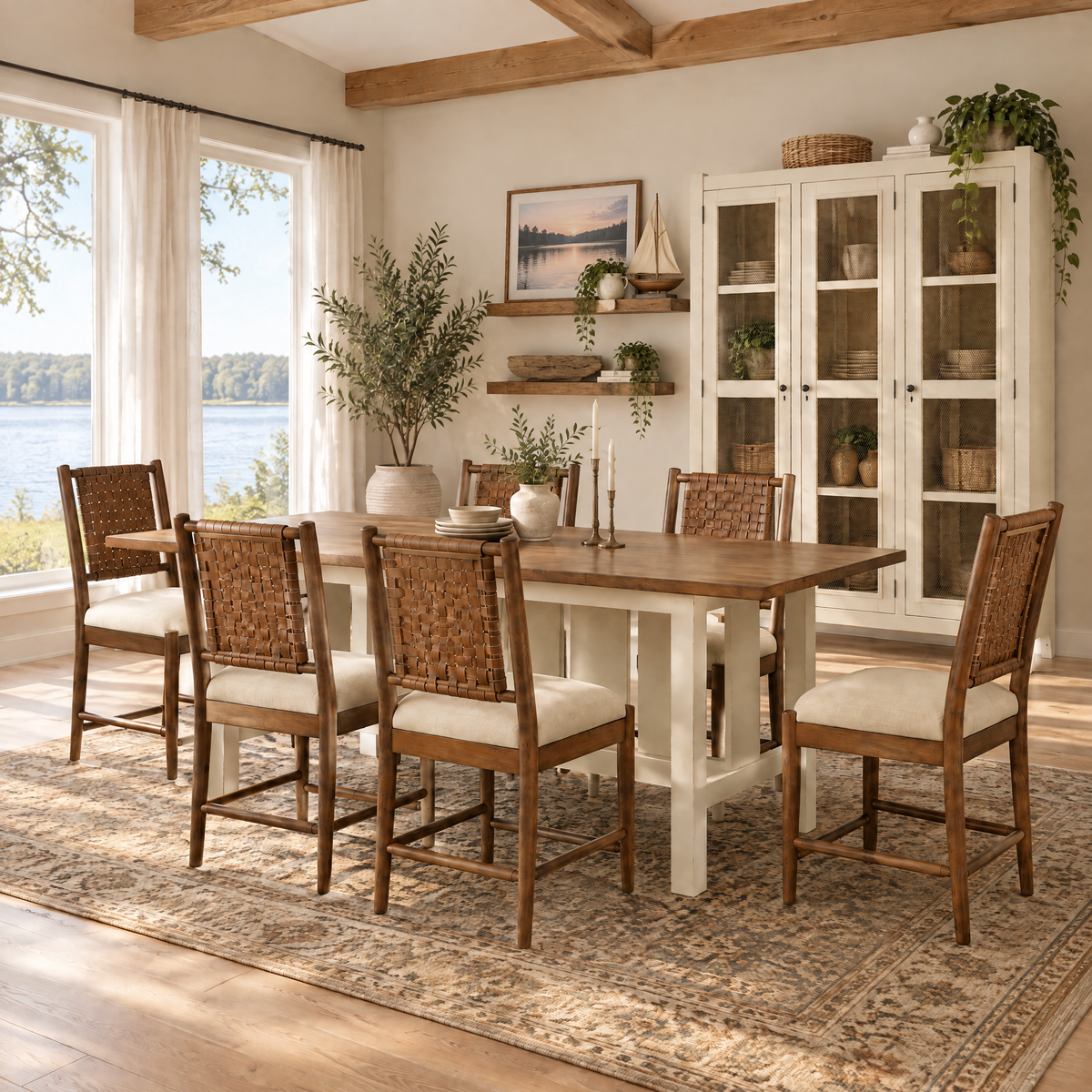 Counter-height trestle table with warm brown top and white legs, with dining chairs