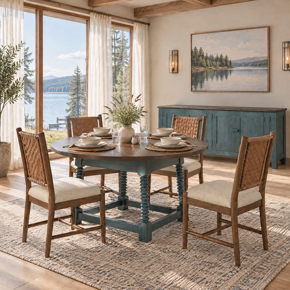 Round pedestal dining table with dark wood top and blue base