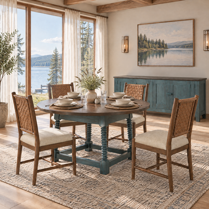 Sea-glass console cabinet with paneled doors and dark brown tabletop