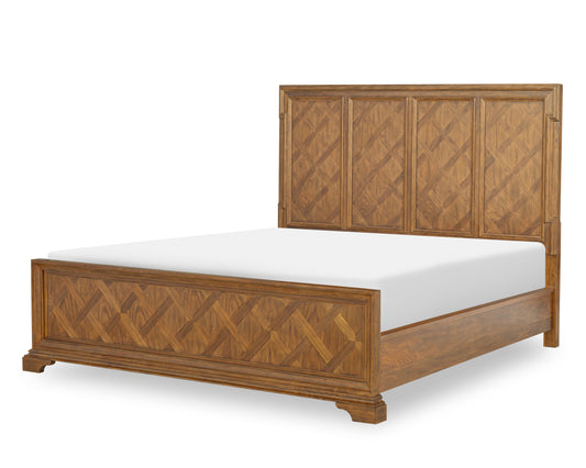 Dalton panel bed angled view with diamond-panel headboard, matching wood frame and posts.