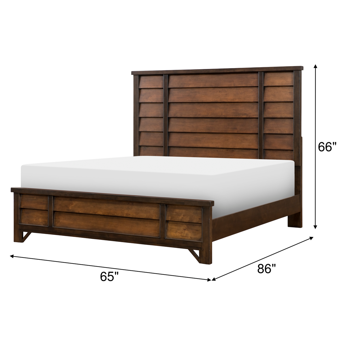Panel bed with dark wood frame and white mattress; 65"W x 86"D x 66"H