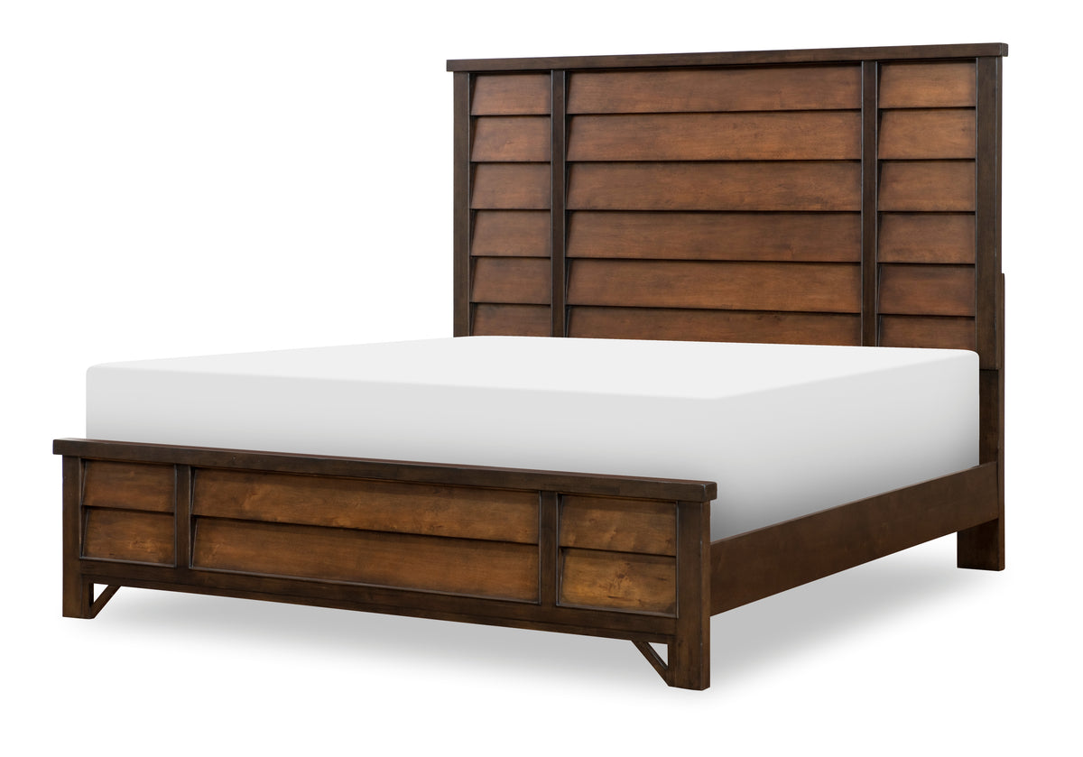 Panel bed with dark wood frame, paneled headboard, and white mattress