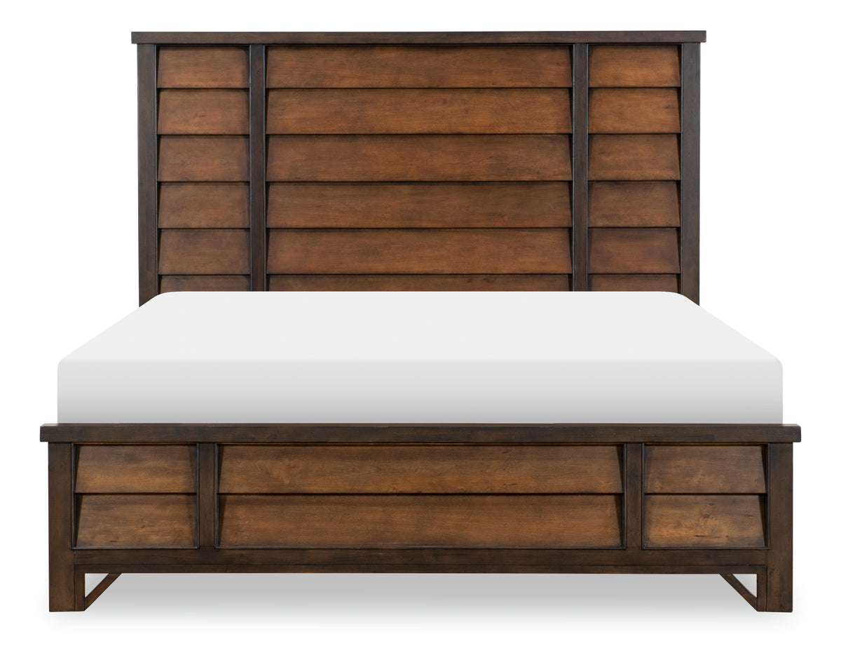 Panel bed with dark wood paneled headboard and footboard, white mattress