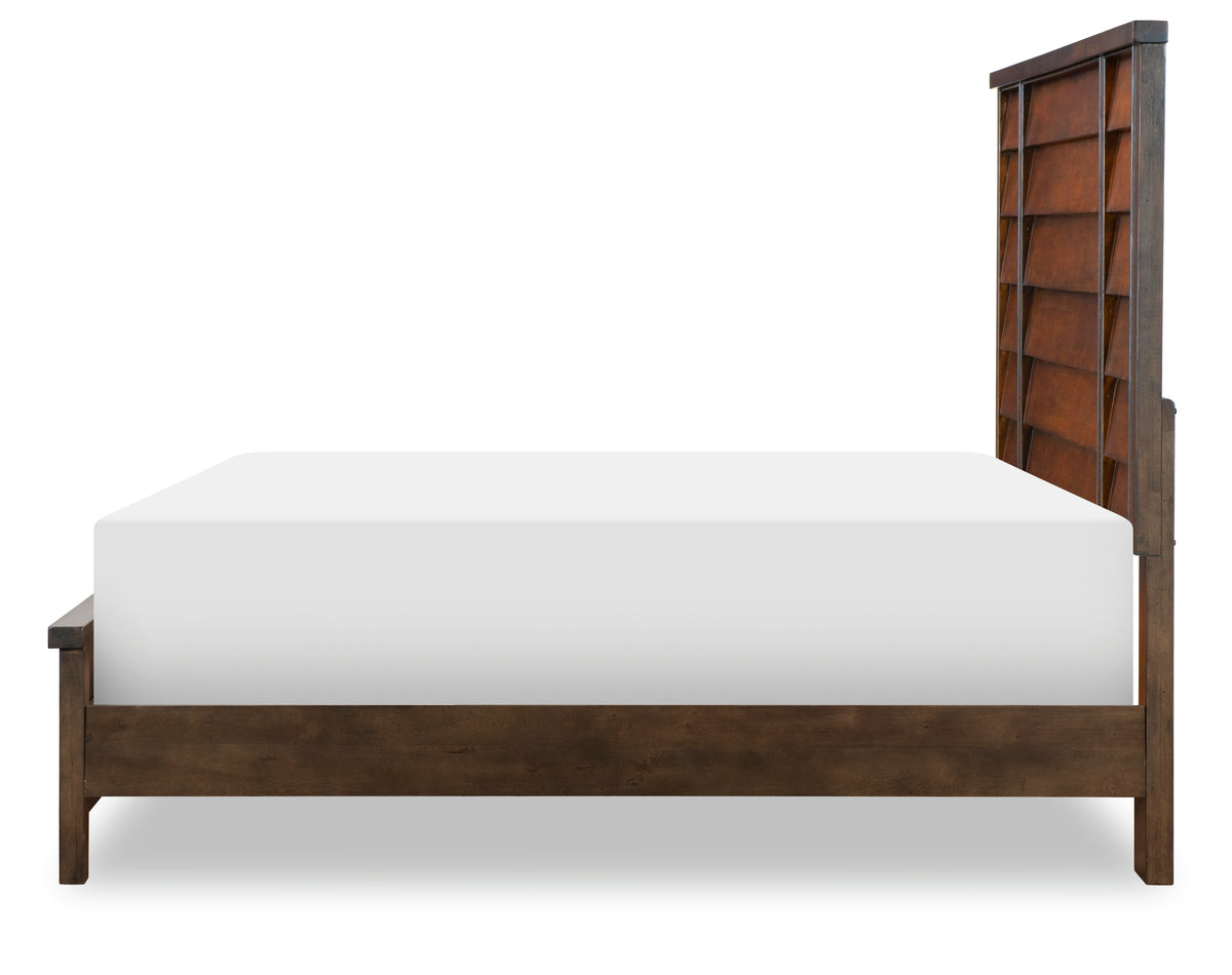 Panel bed with dark brown rails, white mattress, and vertical paneled headboard