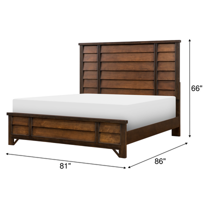 Panel bed with dark wood frame and white mattress; 81"W x 86"D x 66"H