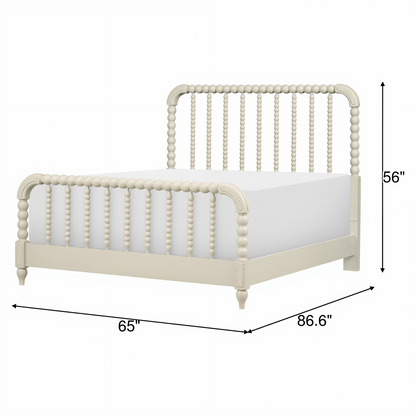 Cream panel bed with beadboard headboard, shown with size dimensions.