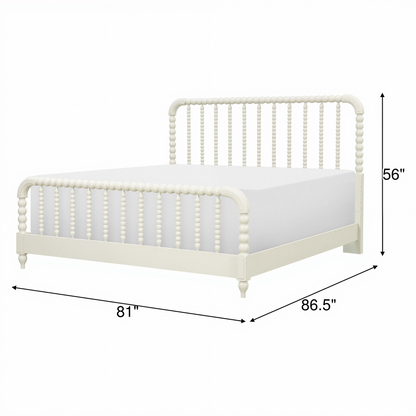 Lakehouse panel bed frame in light cream with rounded posts and vertical spindle headboard.