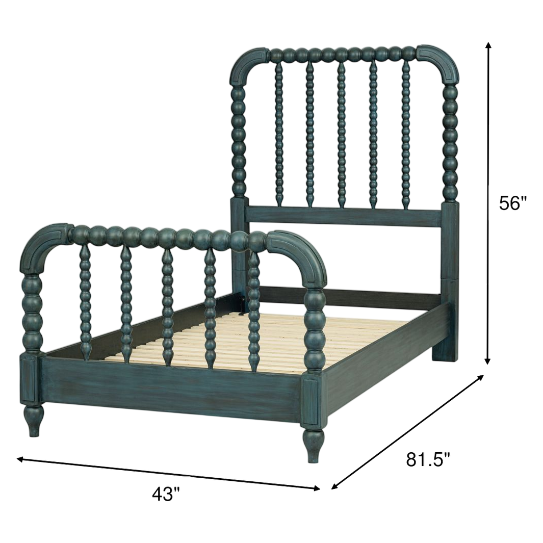 Lakehouse panel bed frame in dark teal with spindle panels and curved post details.