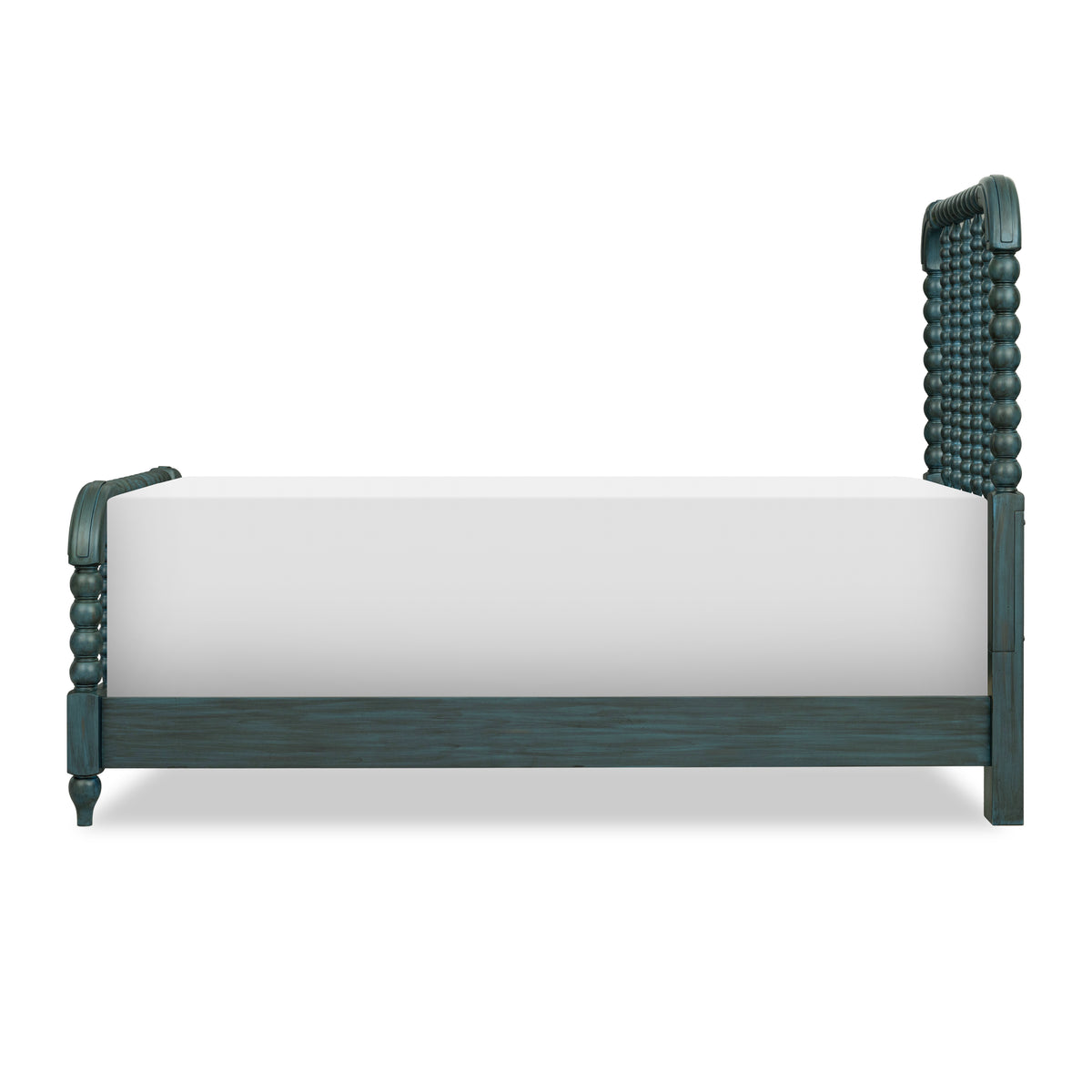 Lakehouse panel bed side view in dark teal with vertical spindle headboard and solid rail.