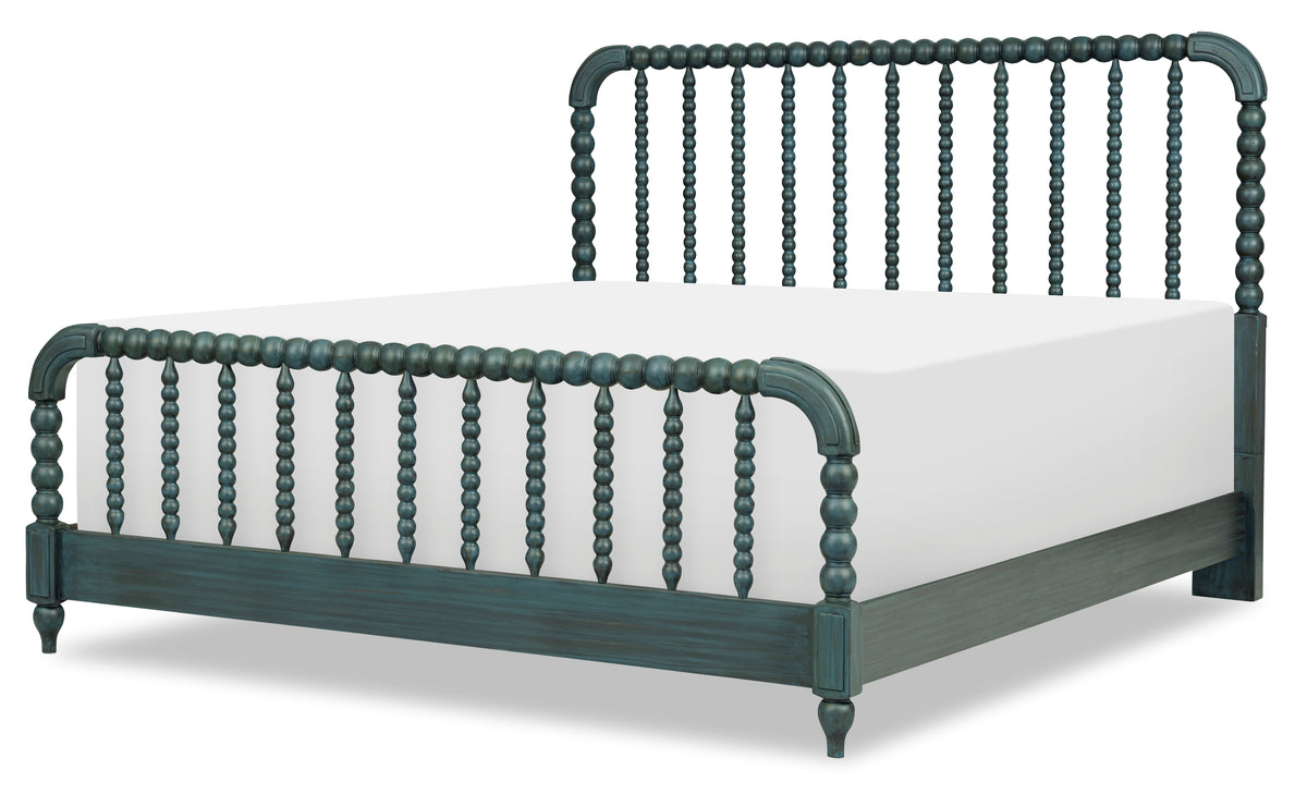 Lakehouse panel bed in dark teal, angled view showing spindle headboard and foot rail.