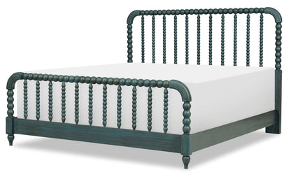 Lakehouse panel bed in dark teal, angled view showing spindle headboard and foot rail.