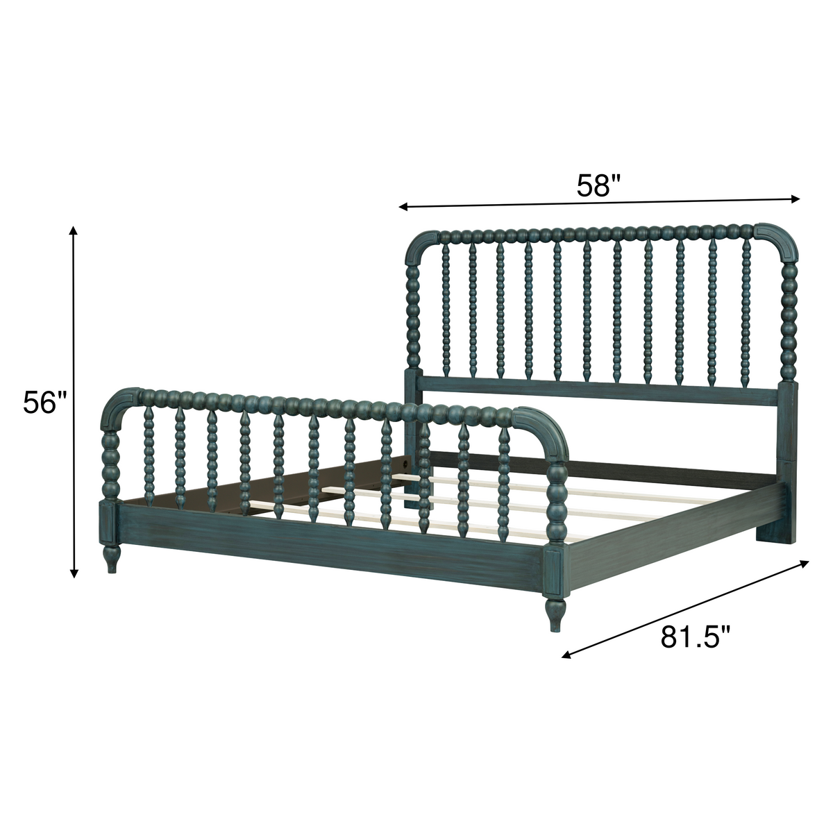 Lakehouse panel bed frame in dark teal with rounded posts and vertical spindle headboard.
