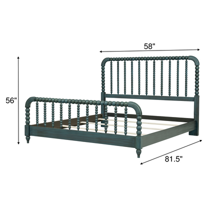 Lakehouse panel bed frame in dark teal with rounded posts and vertical spindle headboard.