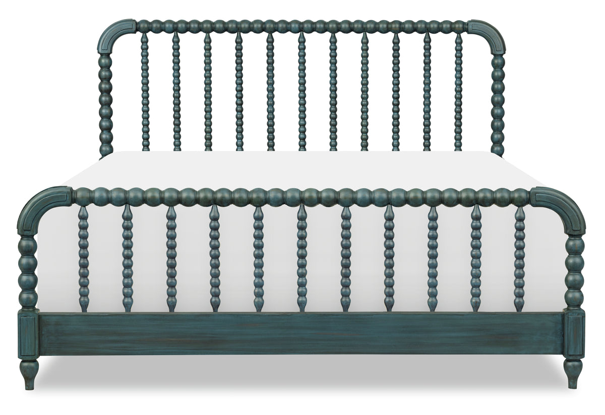 Lakehouse panel bed front view in dark teal with spindle headboard and low foot panel.
