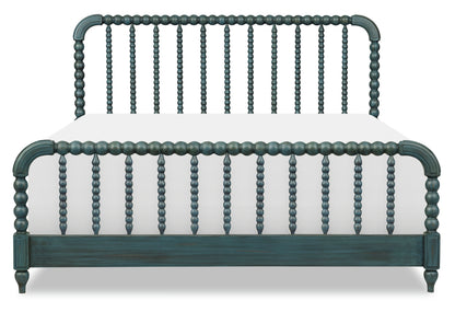 Lakehouse panel bed front view in dark teal with spindle headboard and low foot panel.