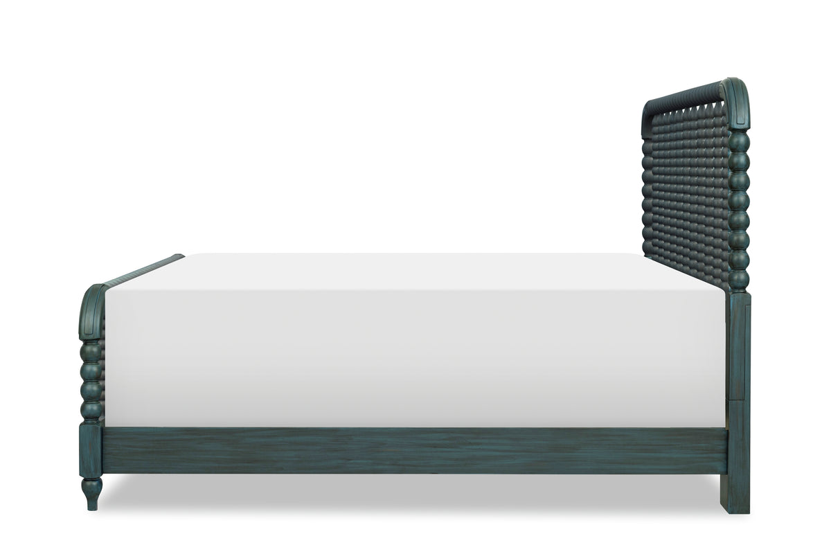 Lakehouse panel bed in dark teal, profile view with vertical spindle headboard panel.