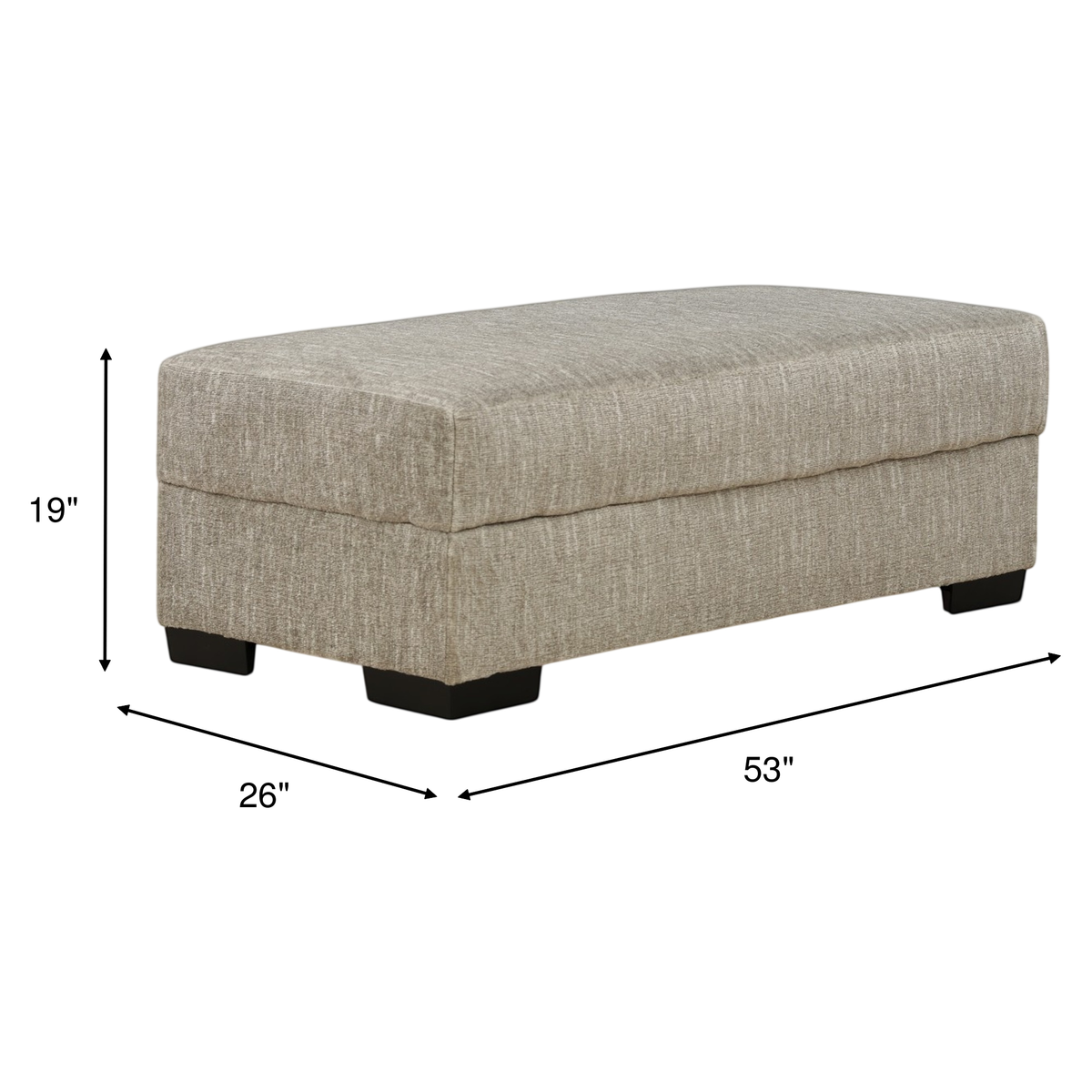 Light gray linen storage ottoman with hinged top, black legs, 53x26x19 in.