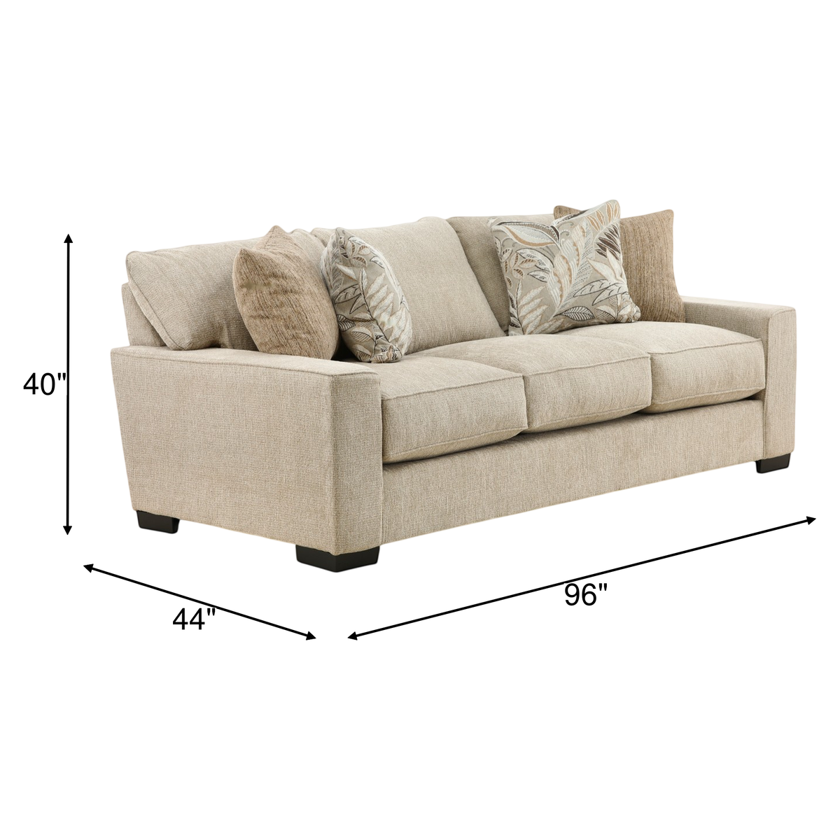 Beige fabric sofa with tufted seat, square arms, and three throw pillows; 96 in wide