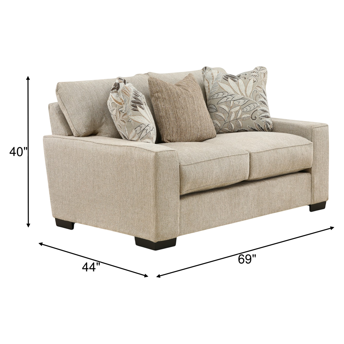 Upholstered loveseat in light beige linen-look fabric with rounded arms and dark feet