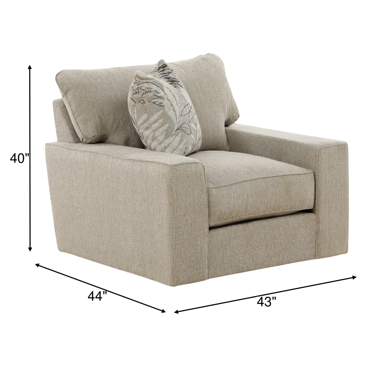 Gray upholstered accent chair with wide arms and attached back, includes decorative throw pillow