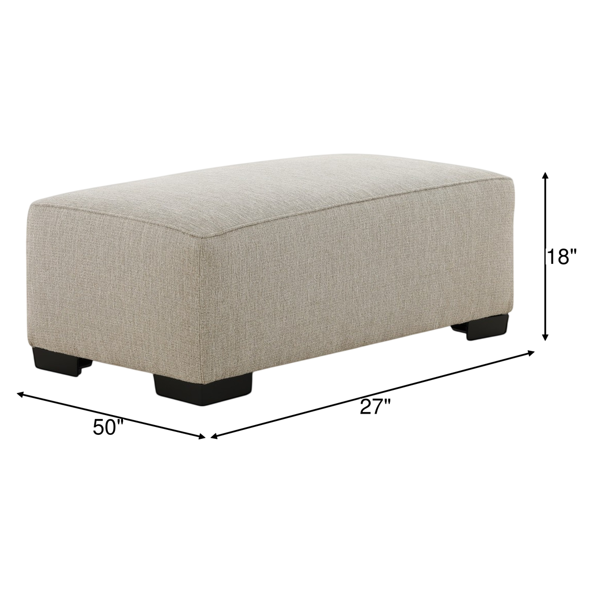 Beige upholstered ottoman with black legs, 27"W x 50"L x 18"H.