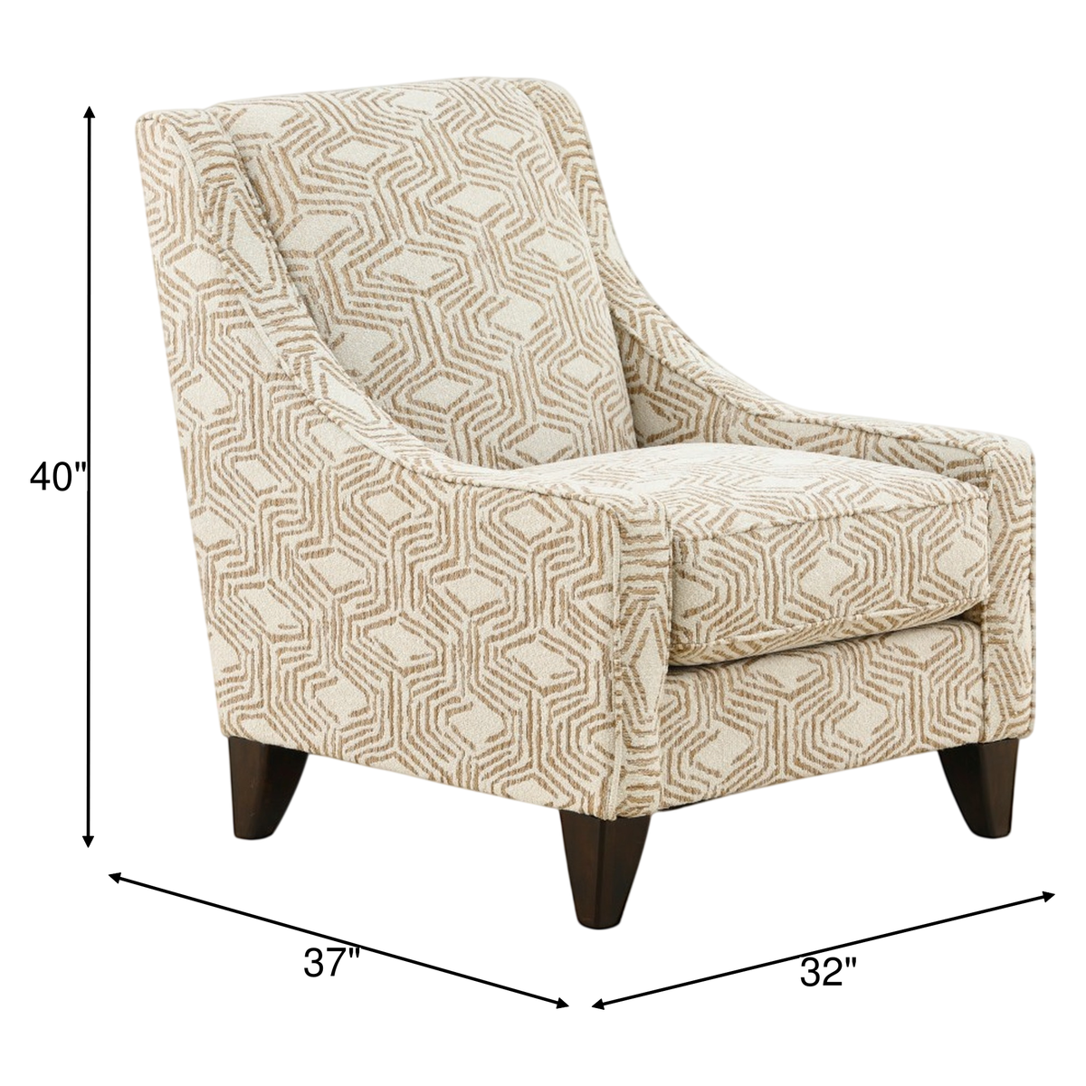 Beige upholstered accent chair with geometric pattern, rolled arms, and dark wooden legs.