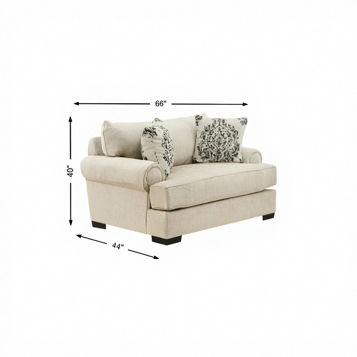 Beige upholstered XL armchair with rolled arms and two patterned throw pillows