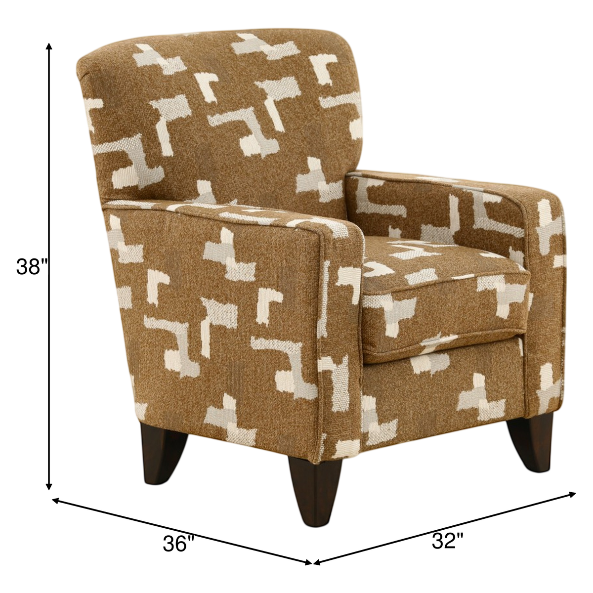 Brown accent chair with white abstract pattern upholstery and dark tapered wooden legs