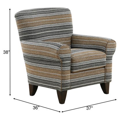 Striped upholstered armchair with rounded arms and dark tapered legs, gray/tan