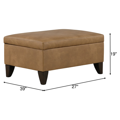 Tan fabric storage ottoman with hinged lid and tapered wooden legs, 19 in high.