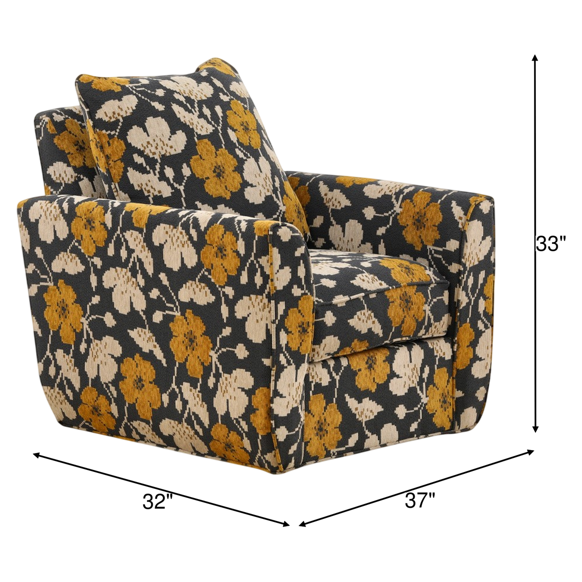 Black and tan floral accent chair with mustard upholstery, rolled arms and supportive seat